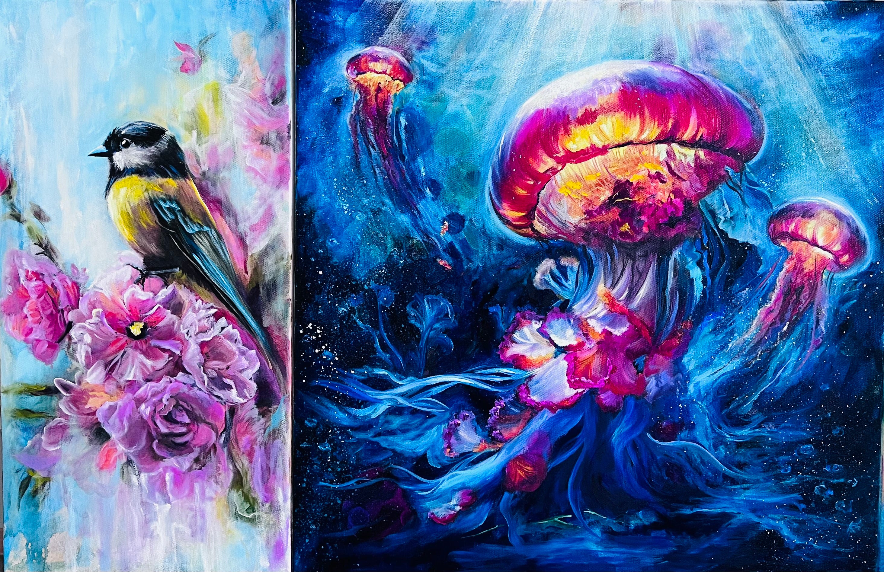 Two original oil paintings side by side: one with a bird and flowers, the other with jellyfish and floral like elements.