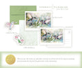 Connect & Flourish monthly mailing sample image, including a green envelope, fine art print and postcard of two hummingbirds drinking from white flowers, a hummingbird sticker, a flower sticker along with descriptive text for the print, postcard, stickers and note.  Includes an image of the gold foil sticker that will be included in the lucky winner's mailing once the mail club reaches 500 active monthly subscribers, along with explanatory text.